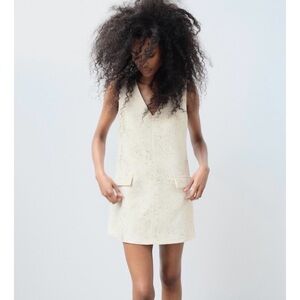 NWT, S, Zara, FOIL MINI DRESS, GOLDEN, white/Gold, Sleeveless, V-neck, 2642/633